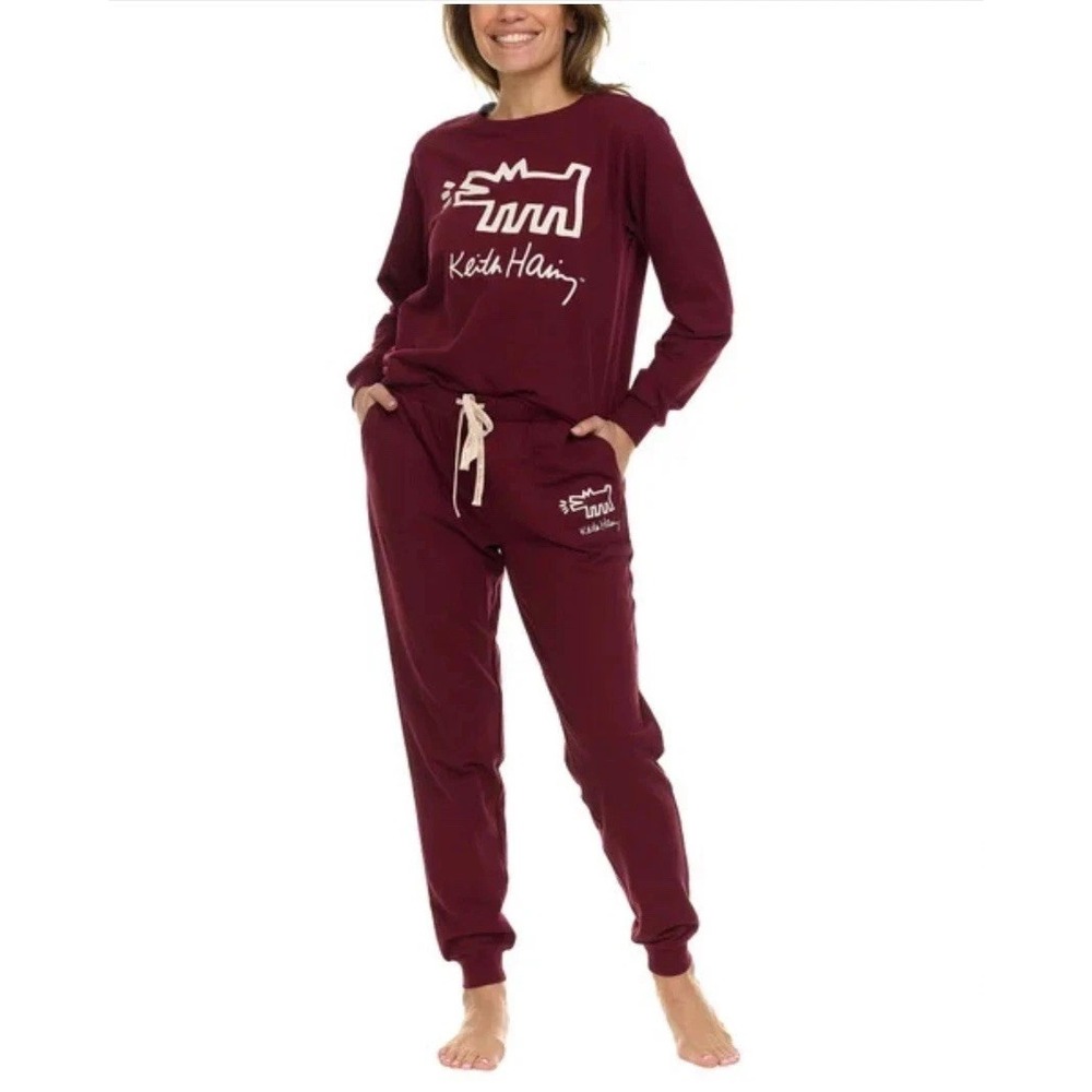 Keith Haring Women's Long Sleeve & Joggers Soft Fleece Lounge Set, Burgundy, S